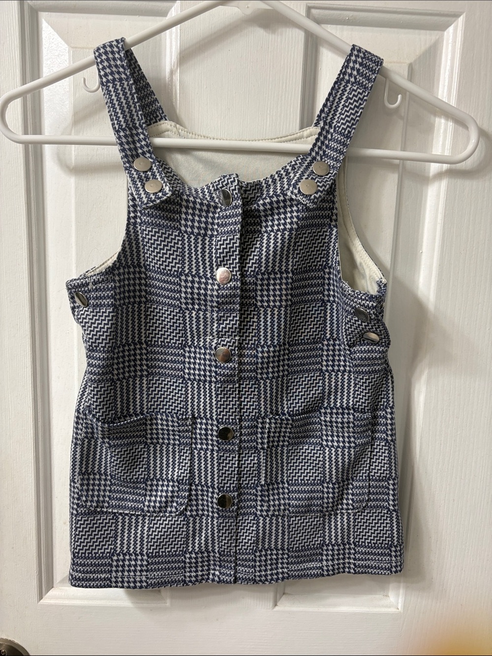 Girls Navy Plaid Button-Front Pinafore Dress